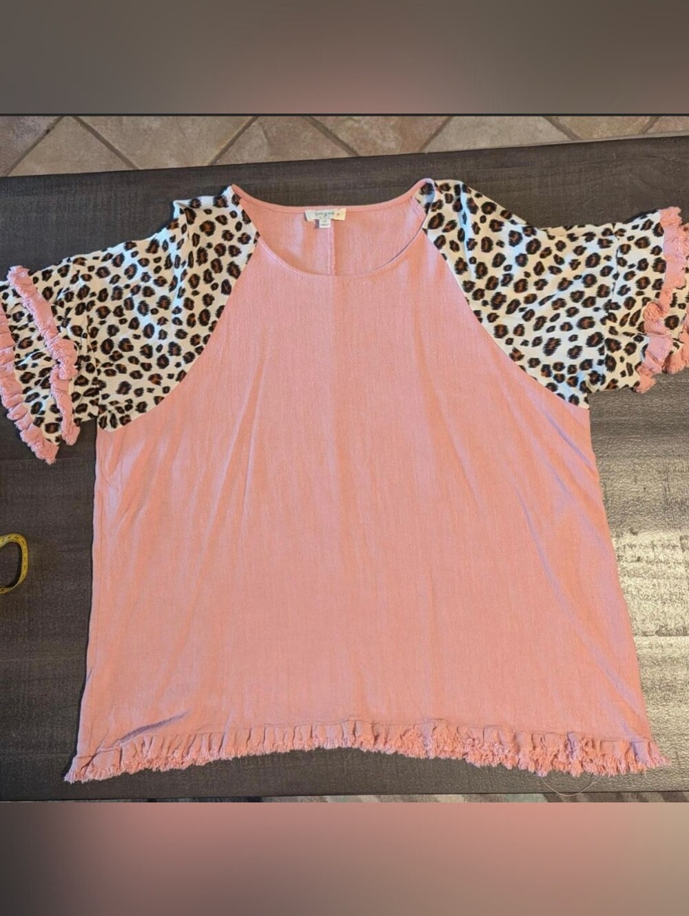 Umgee Pink Ruffle-Hem Top with Leopard-Print Sleeves